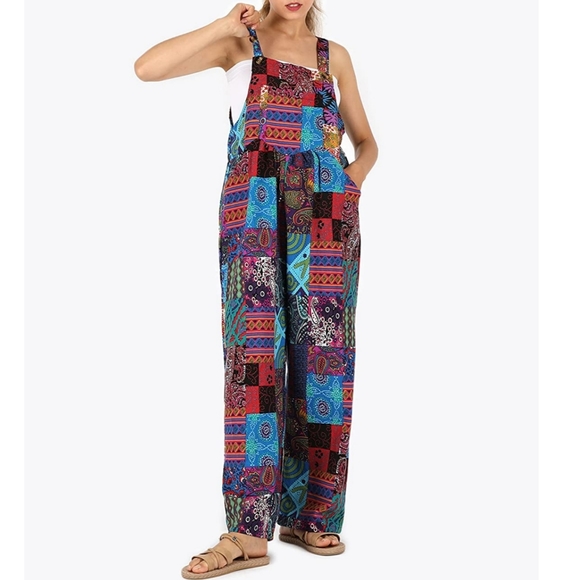 Women's jumpsuit Loose Colorblock Floral Print Wide Leg Button Bib Overall - Picture 3 of 5